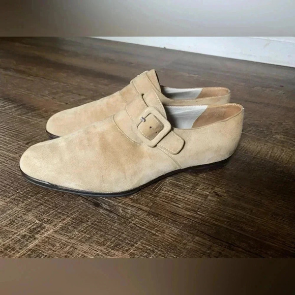 GIORGIO ARMANI women’s tan suede Oxford shoes buckle size 35 Italy almond toe - Picture 13 of 16